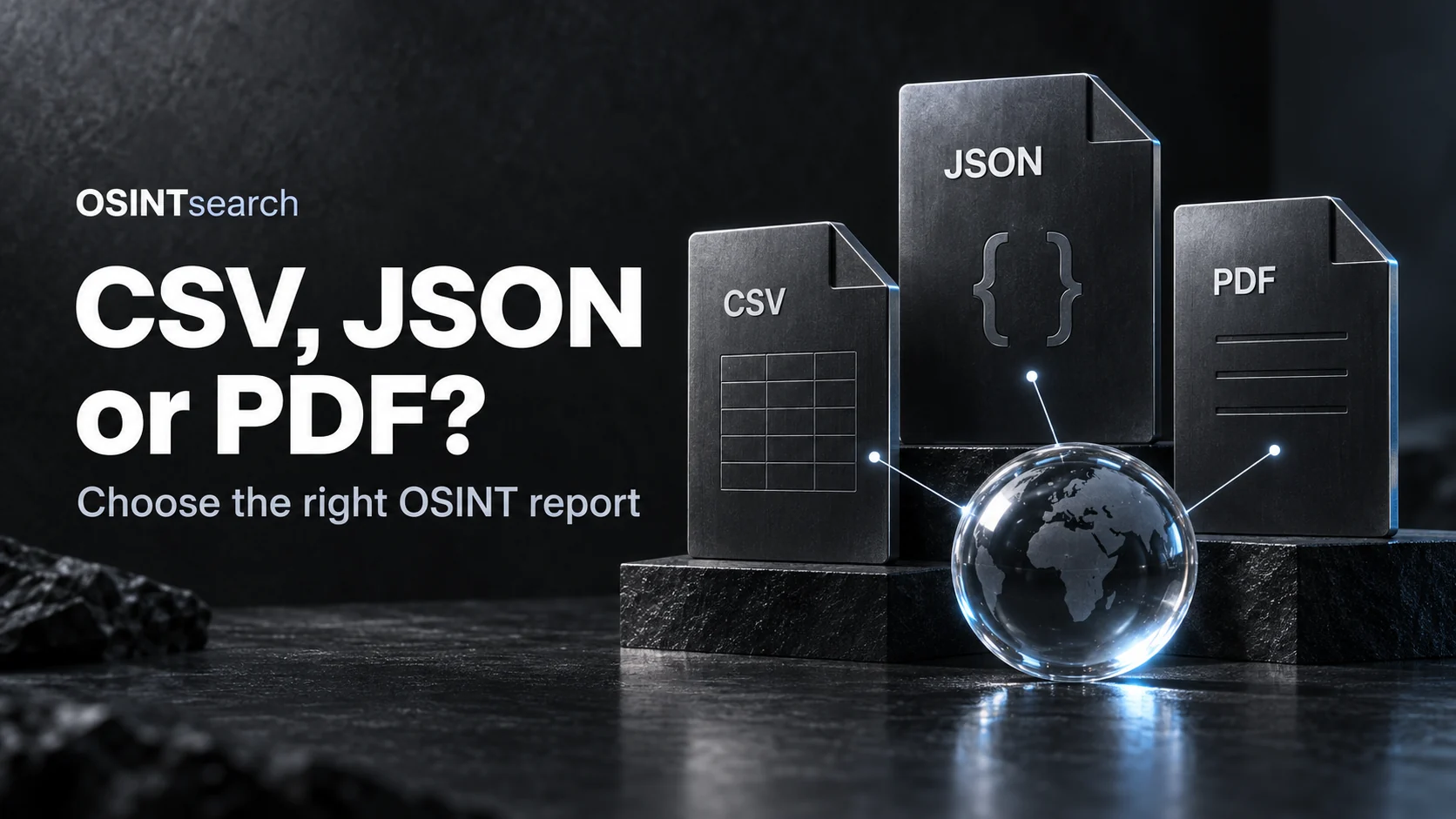 Three charcoal report objects labeled CSV, JSON and PDF beside the words CSV, JSON or PDF?
