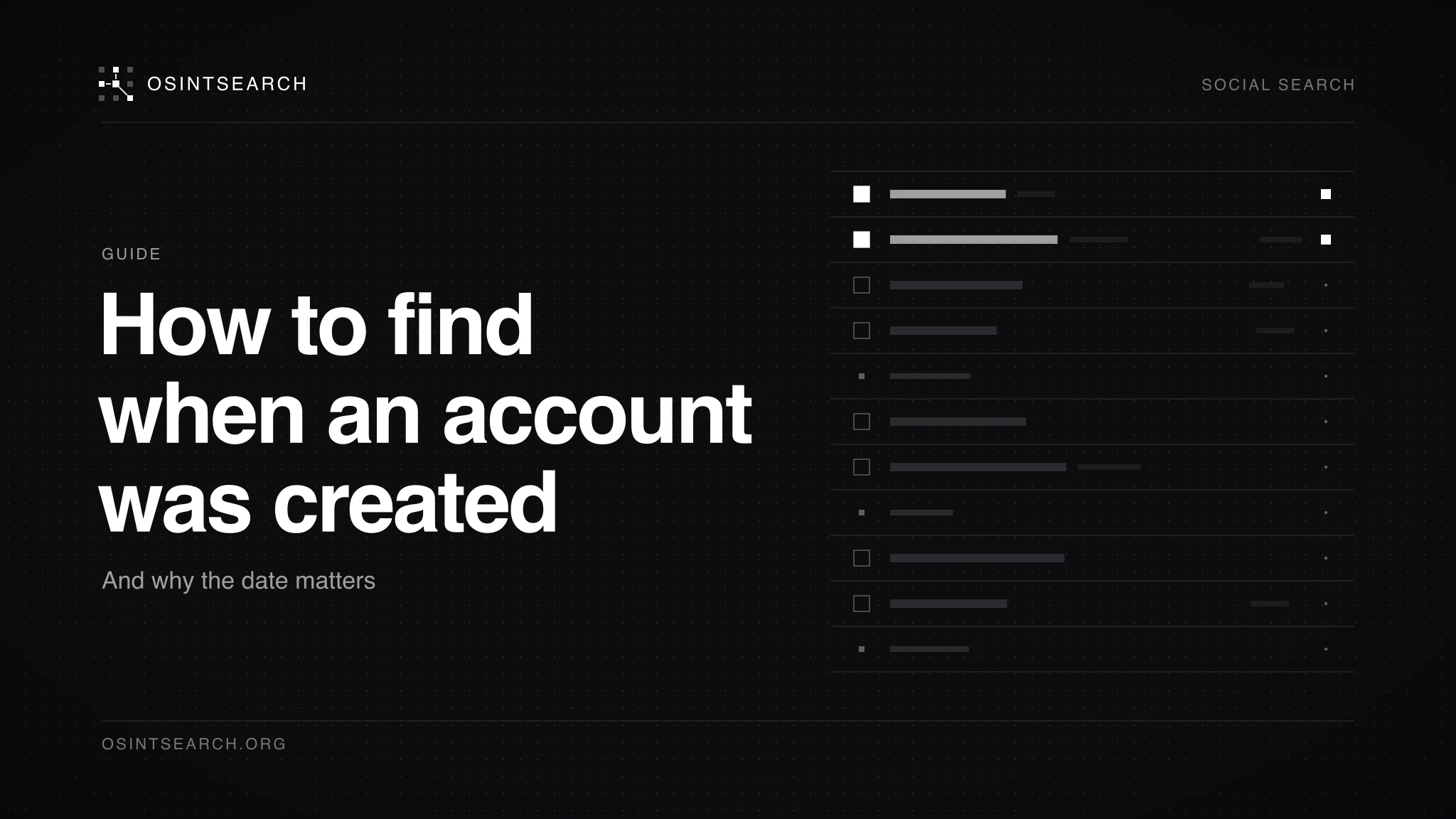 Dark editorial cover with a ledger of hairline rows with masked entries beside the words How to find when an account was created