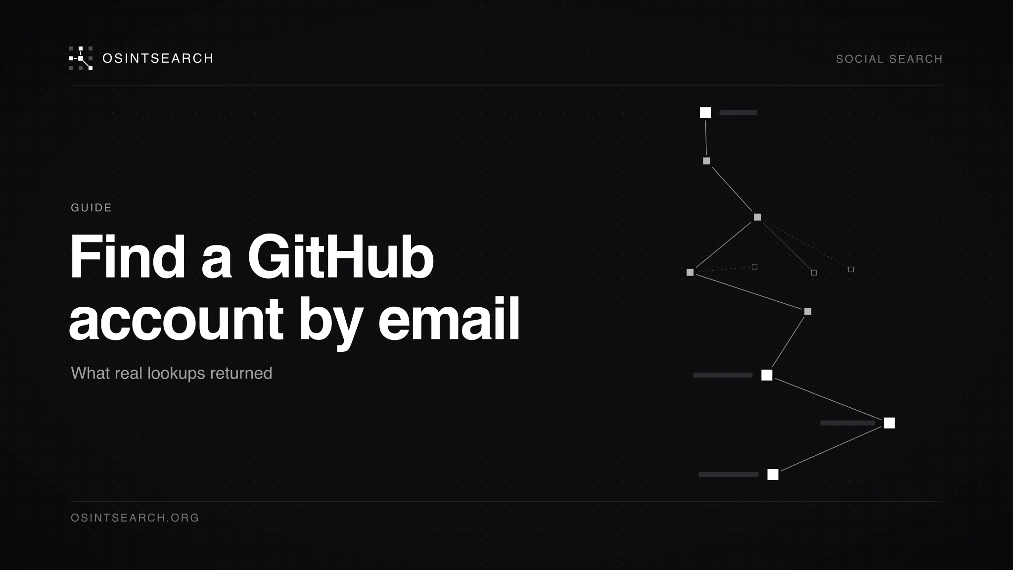 Dark editorial cover with small white nodes joined by thin lines into a chain beside the words Find a GitHub account by email