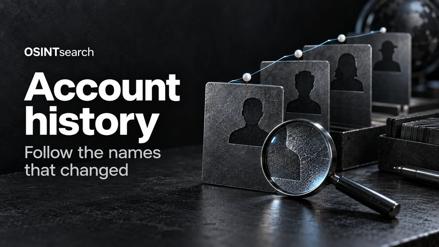 Layered dark metal archive cards connected by a pale blue line beside the words Account history.