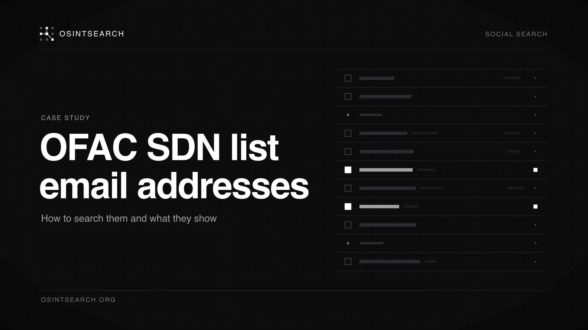 Dark editorial cover with a ledger of hairline rows with masked entries beside the words OFAC SDN list email addresses