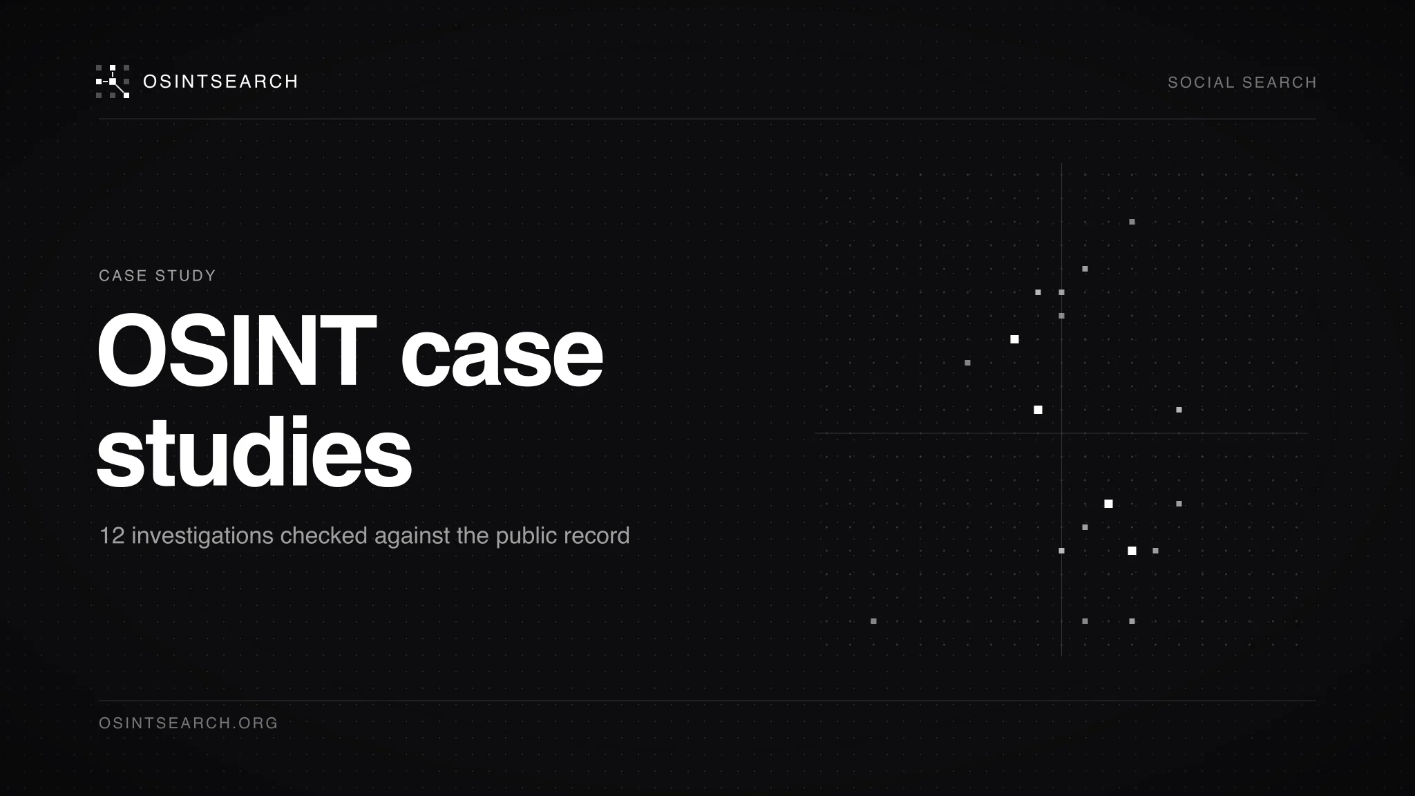 Dark editorial cover with a dotted grid with a sparse scatter of lit cells beside the words OSINT case studies