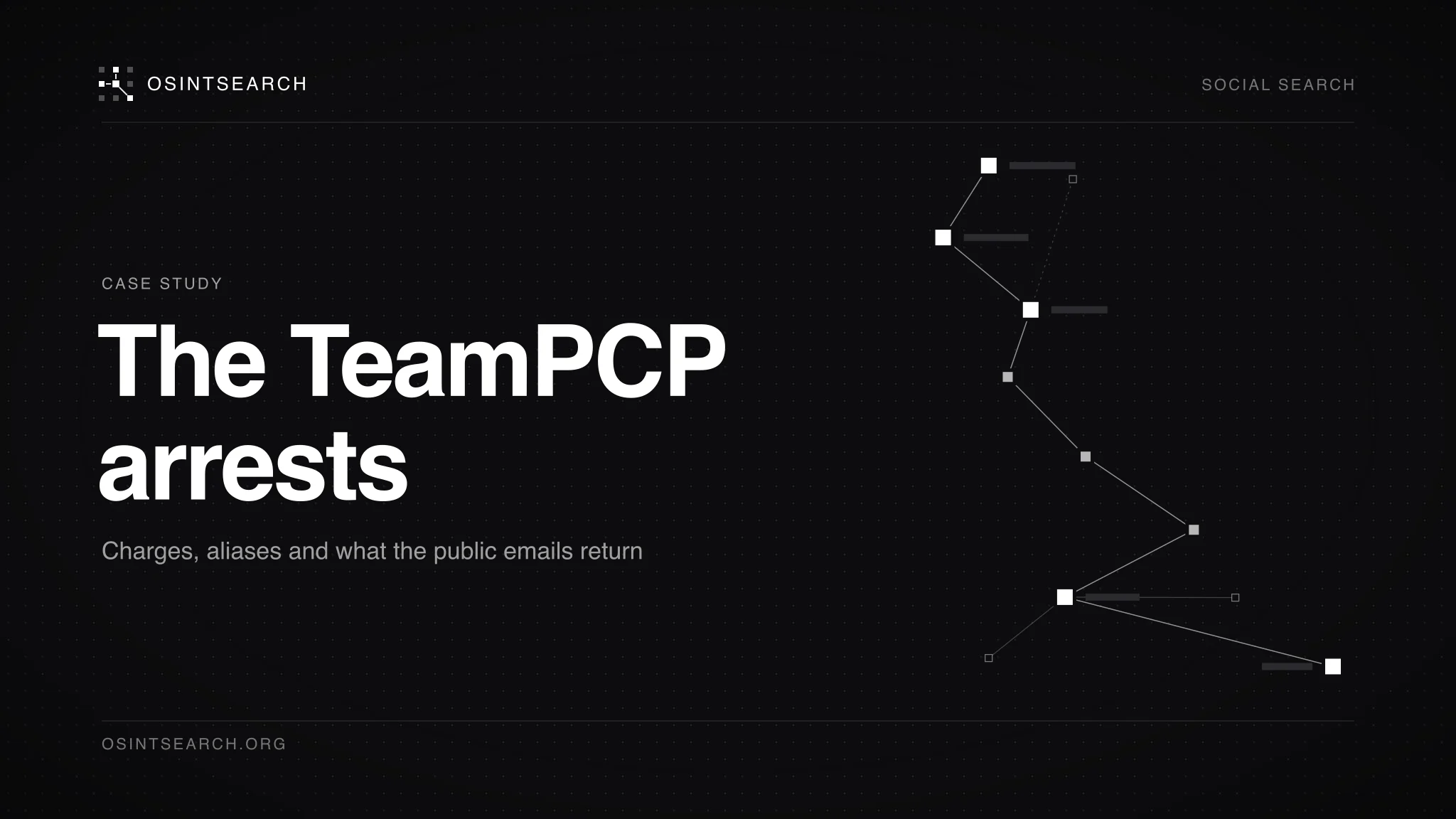 Dark editorial cover with small white nodes joined by thin lines into a chain beside the words The TeamPCP arrests