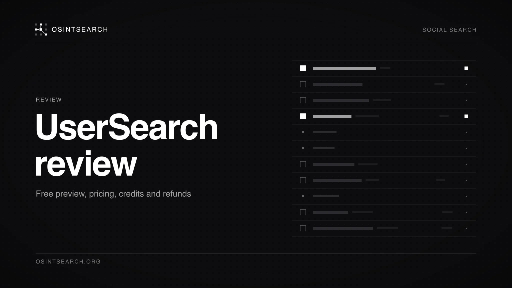 Dark editorial cover with a ledger of hairline rows beside the words UserSearch review.