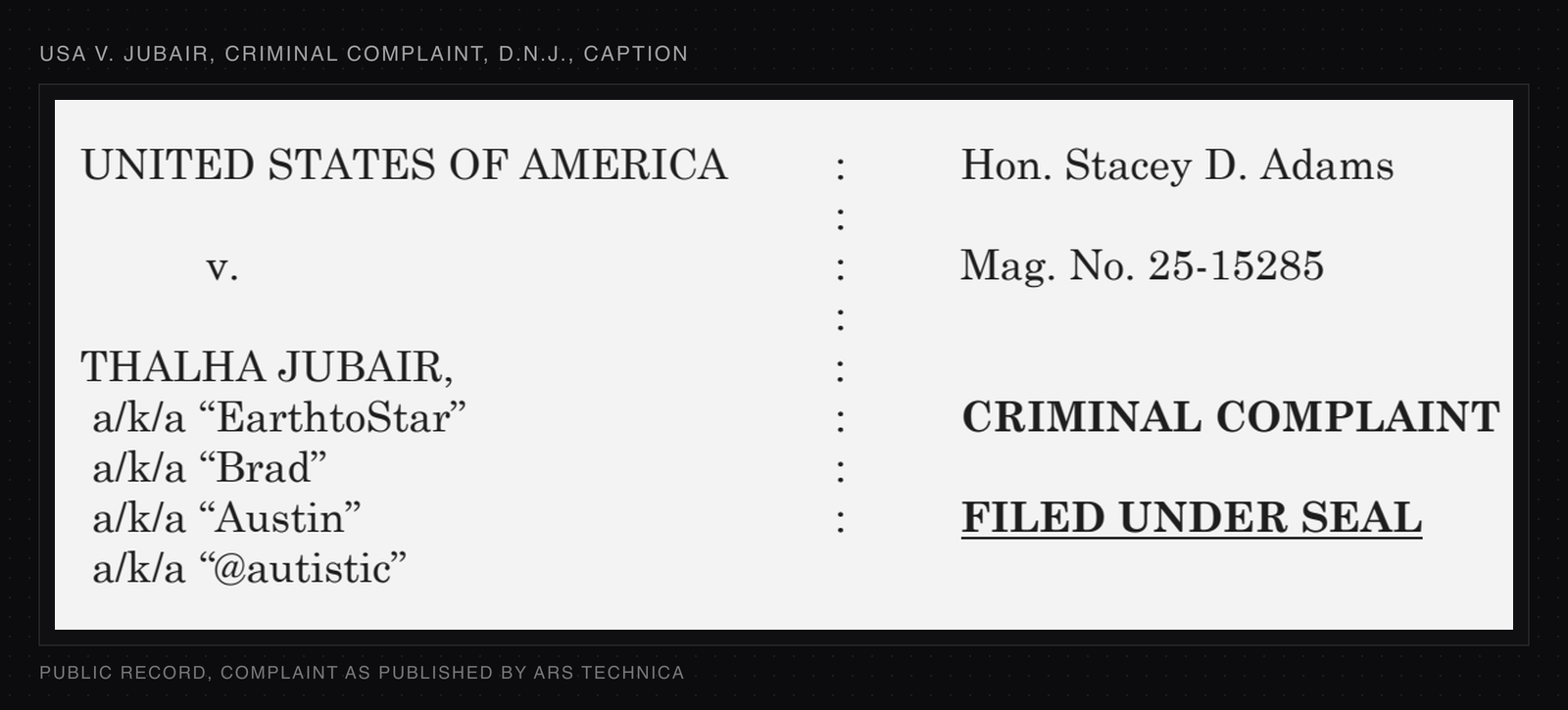 Caption of the District of New Jersey criminal complaint against Thalha Jubair, listing him as a/k/a EarthtoStar, Brad, Austin and @autistic, marked criminal complaint, filed under seal.