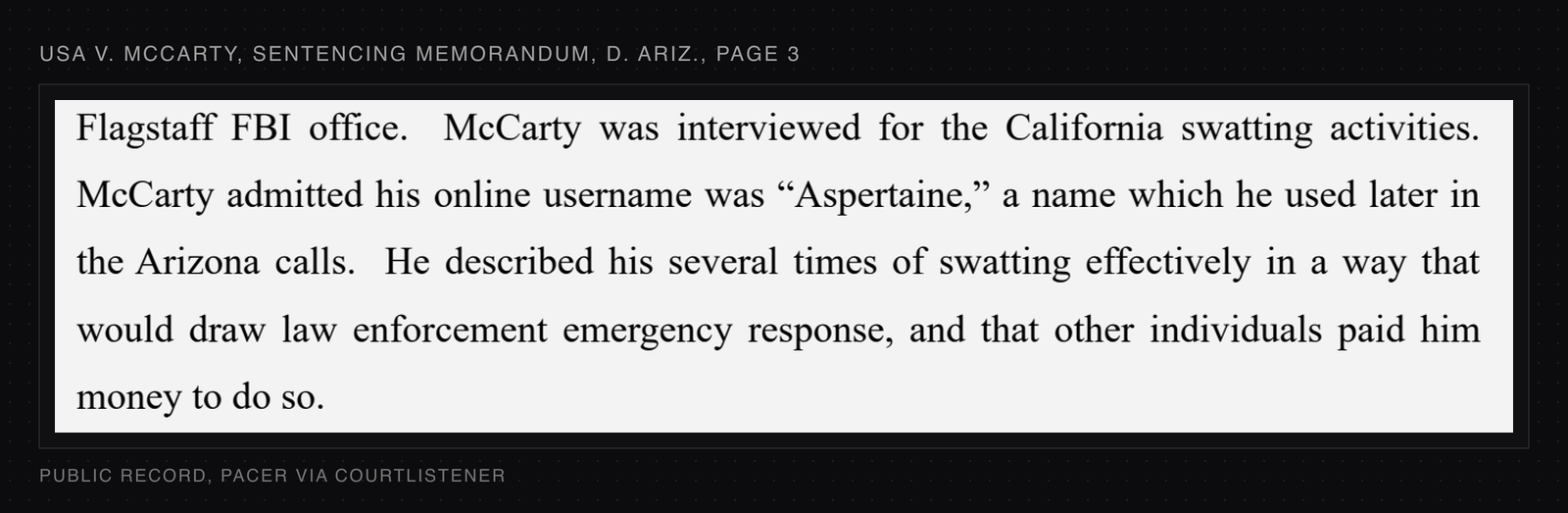 Page 3 of the government's sentencing memorandum in the District of Arizona case against James Thomas Andrew McCarty, recording that McCarty admitted to the FBI that his online username was Aspertaine.