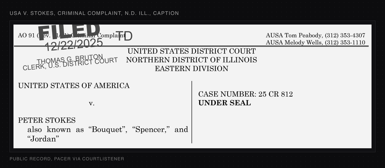 Caption of the Northern District of Illinois criminal complaint against Peter Stokes, also known as Bouquet, Spencer and Jordan, case number 25 CR 812, stamped filed under seal on 22 December 2025.