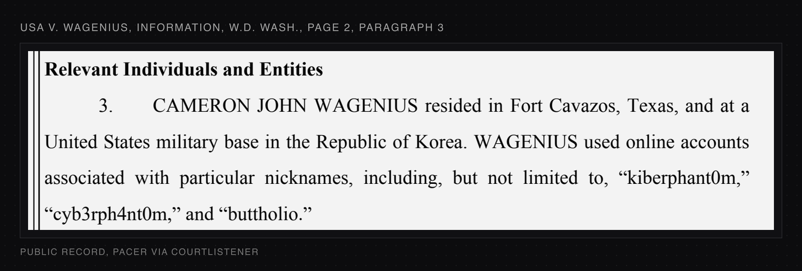 Paragraph 3 of the Western District of Washington information against Cameron John Wagenius, stating that he used online accounts associated with the nicknames kiberphant0m, cyb3rph4nt0m and buttholio.