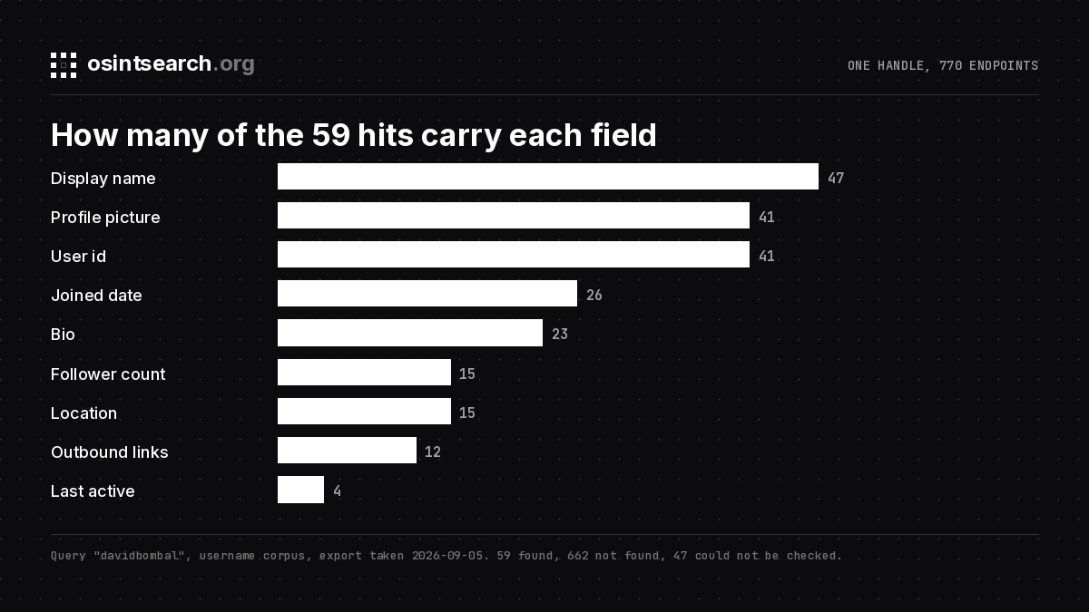 Bar chart of how many of the 59 davidbombal hits carry each profile field